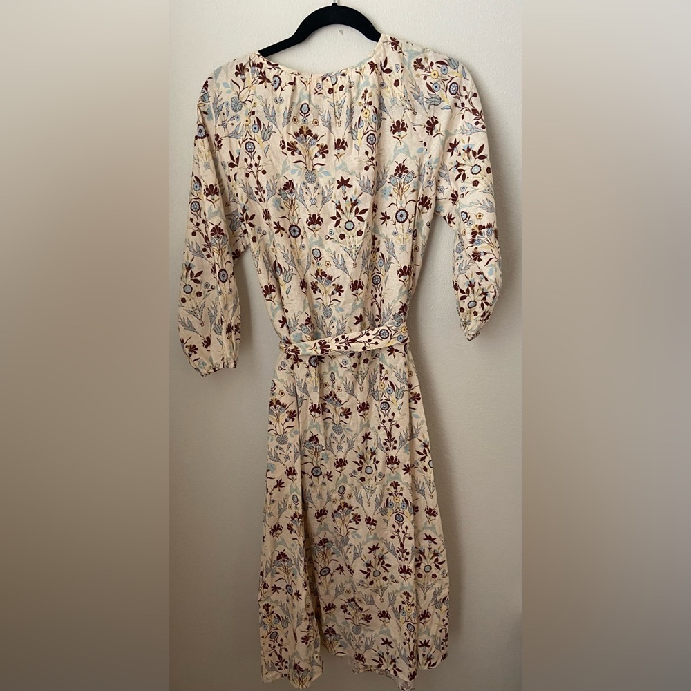 Mason's Daughter Dress S Beige Floral Button Front Puff Sleeve Tie Waist - Picture 2 of 4